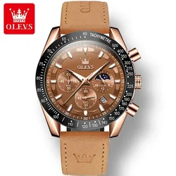 OLEVS 9957 Genuine Leather Strap Sport Watch For Men, Quartz Multi-function Waterproof Men Wristwatch Luminous Chronograph