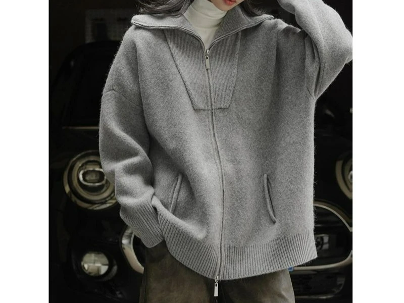 

Double Zipper High Neck Knitted Cardigan Women's Autumn and Winter New Style Loose and Lazy Casual Temperament Sweater Jacket