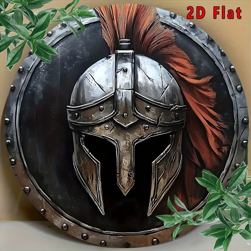 Vintage Spartan Helmet 8x8 Inch Round Aluminum Wall Art, 2D Flat Metal Emblem, High Bend Resistance Home Decor