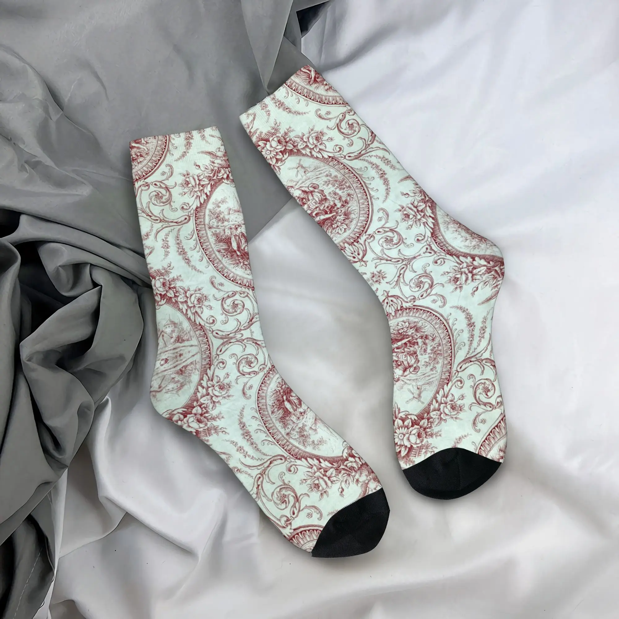 

Classic French Toile De Jouy Navy Blue Motif Pattern Crew Socks Traditional France Art Spring Summer Autumn Winter Dress Socks