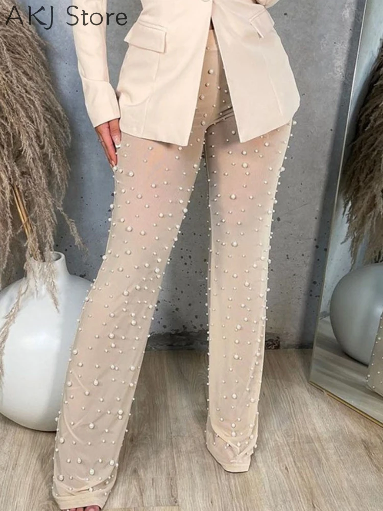 Women Beaded Sheer Mesh High Waist Long Pants