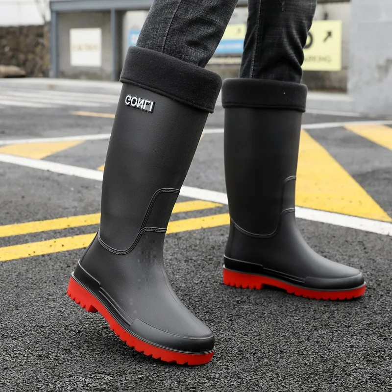 Long Rain Shoes For Men Waterproof Rubber Boots With Drawstring Non-slip Removable Padded Lining Warm Daily Work Wear Plus Size