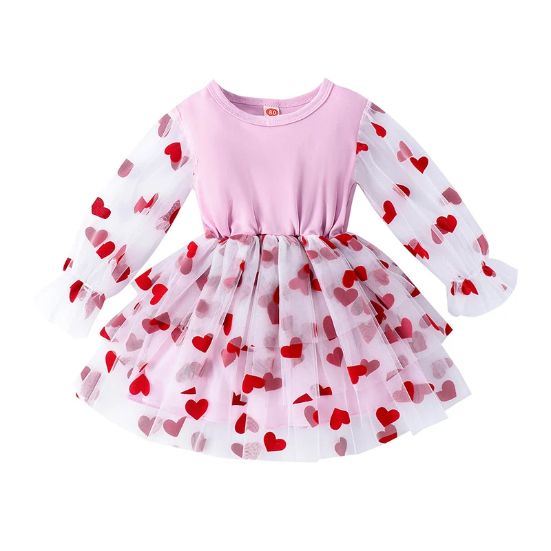 

Toddler Baby Girl Princess Tulle Dress Newborn Puff Sleeve Mesh Tutu Dress Heart Print Valentines Day Dresses