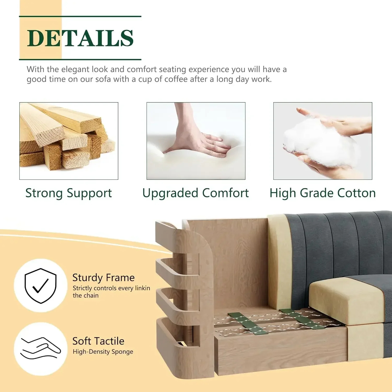 Bom sofá secional conversível atualizado, sofá em forma de L com apoio de braço alto e tecido de linho