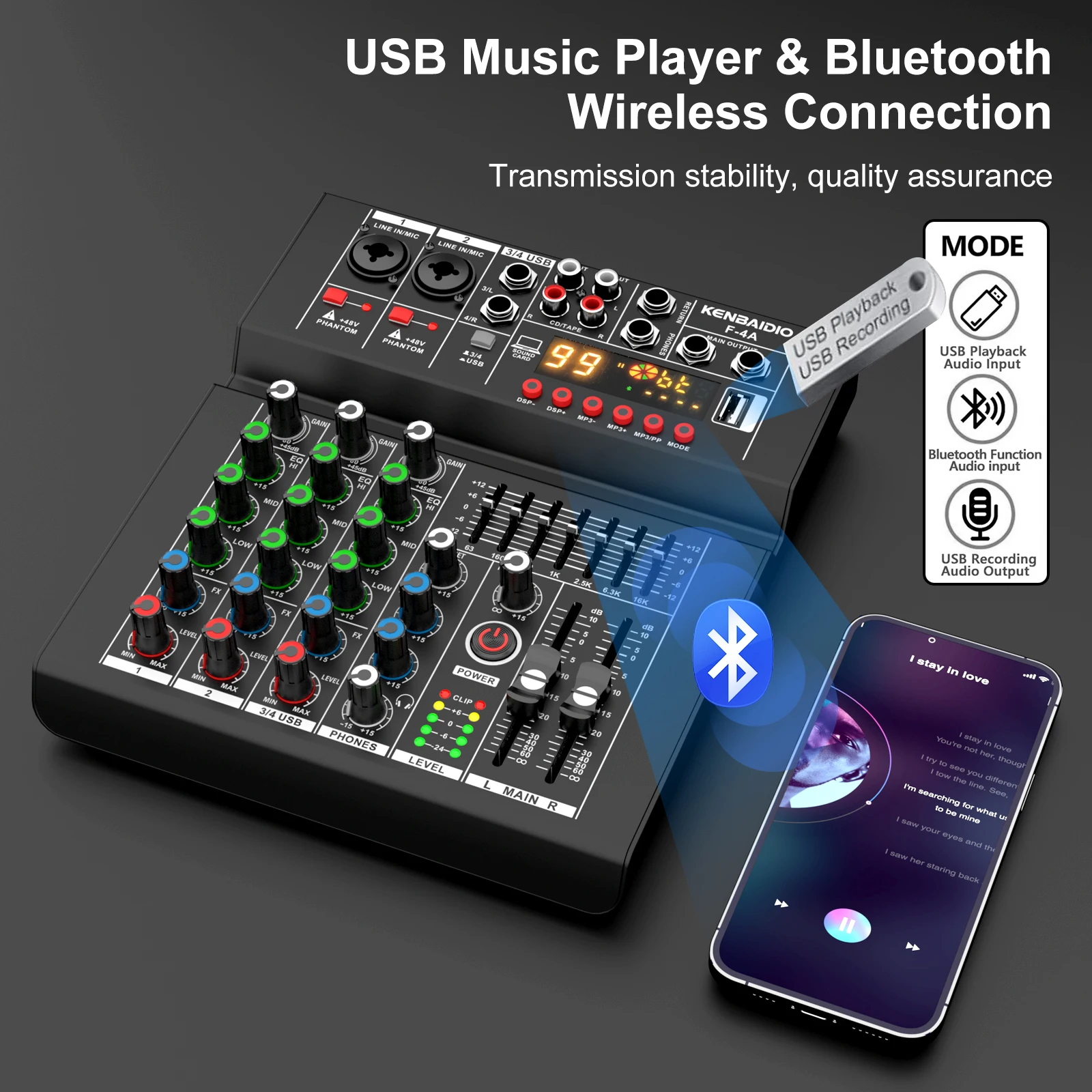 KENBAIDIO 4 Channel Audio Mixer 99 DSP, 7-Band EQ, 48V Phantom Power, USB Bluetooth MP3 Input DJ Controller Mixing for Karaoke - view 2