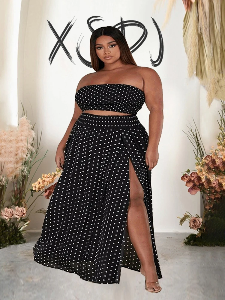 Plus Size 2 Piece Set Women Dot Print Strapless Crop Top and Dress Sets Bohemian Sexy Summer 2023 Womens Outfit Free Shipping