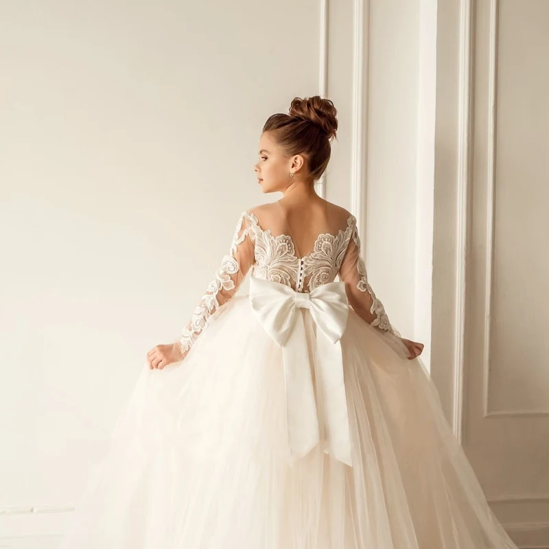 Robe de demoiselle d'honneur ivoire avec nœud, appliques florales en tulle, manches longues, mariage, anniversaire, Rhde promo, première communion, quoi que ce soit