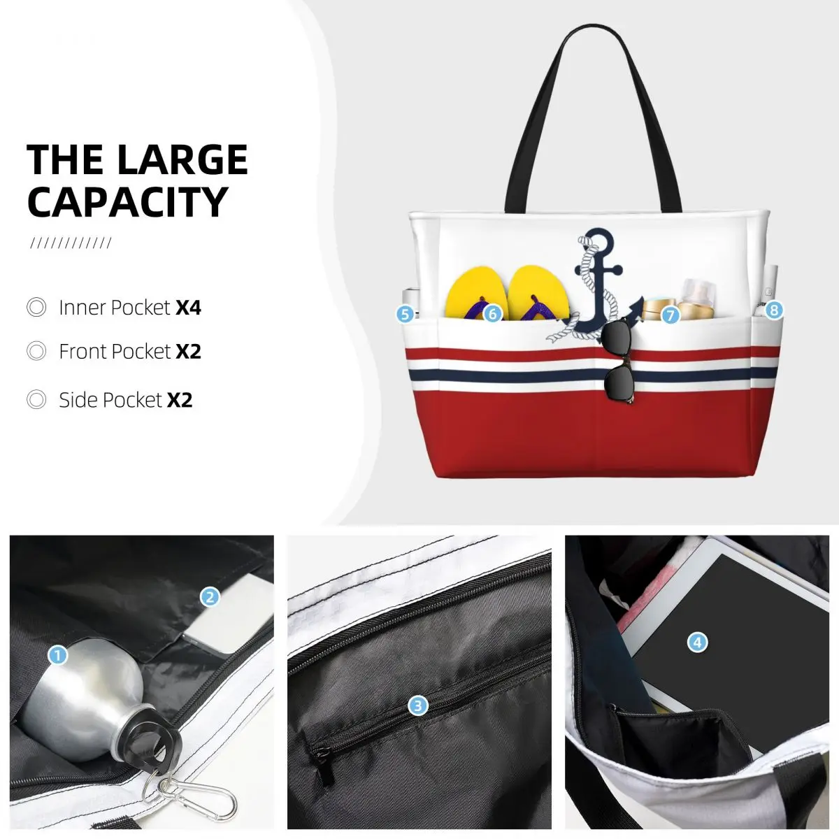 Custom Nautical Blue Anchors Stripes Beach Tote Bag for Women Sailing Sailor Big Compartment Gym Beach Travel Bags image 3
