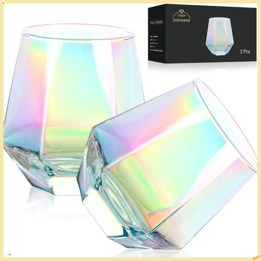 

Wine Glasses Set of 2, Diamond Stemless Wine Glasses - Iridescent Glassware