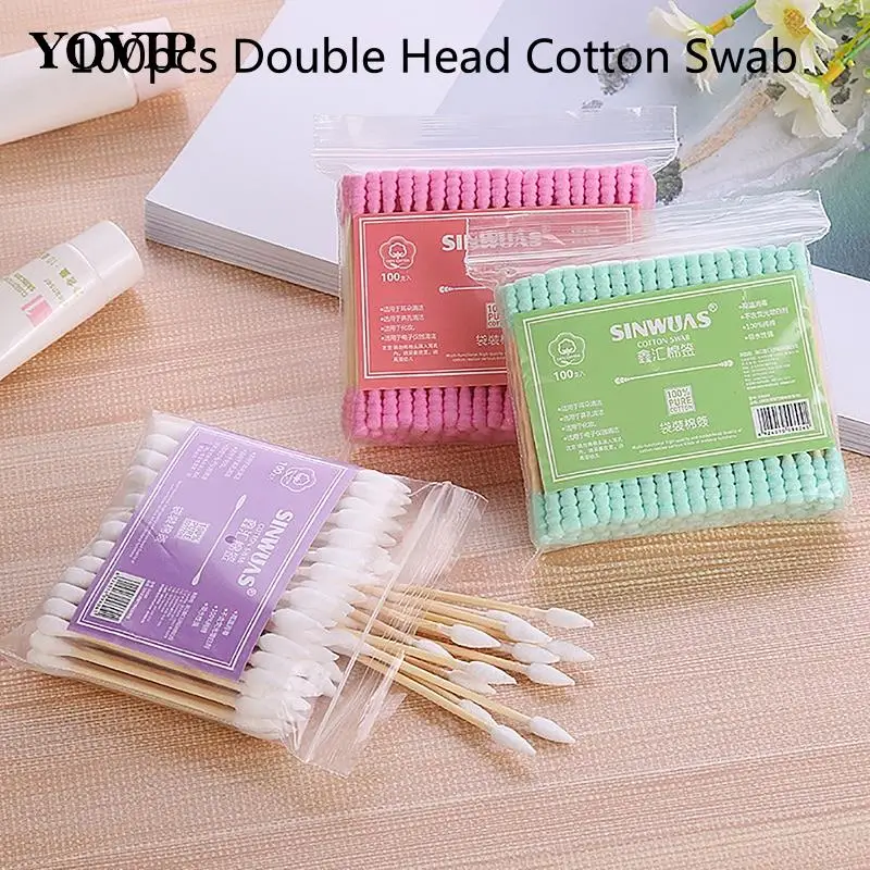 100pcs Women Makeup Cotton Buds Tip For Medical Wood Sticks Nose Ears Cleaning Health Care Tools Double Head Cotton Swab