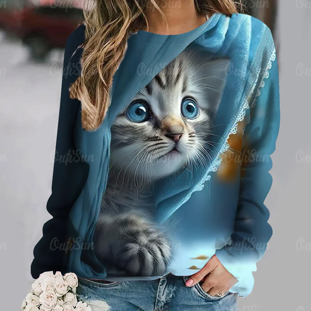 Cute Cat Print Fashion Women\'s Long Sleeves T-shirts Fall Women Clothing Casual Cotton Pullover Loose Female Tops Streetwear