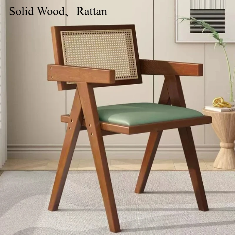 

French Vintage Dining Chair with Rattan Backrest,Solid Wood Rustic Cafe Bistro Chair,Countryside Kitchen & Restaurant Side Chair