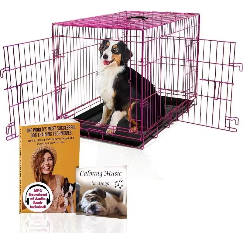 Luxury Colorful 36 Inch Foldable Dog Crate with 2 Doors Free Training Ebook and Pet Calming Music