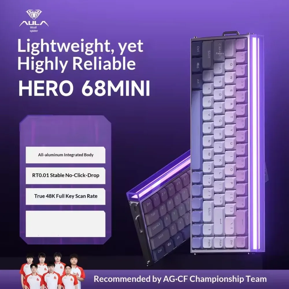 

Мини-клавиатура AULA Hero68, полностью алюминиевая короткая клавиатура с магнитным переключателем, проводная, 8000 Гц, механические клавиатуры для киберспорта RT0,01 мм, RGB