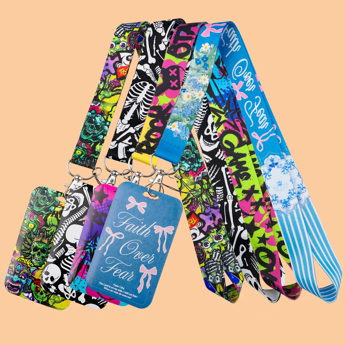 

Goth Skeleton Lanyard Card Holder Colorful Graffiti Neck Strap for Key ID Card Bow Phone Straps Badge Holder Key Ring Gifts