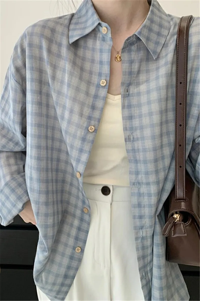 plus Size 300 Pounds Summer Women's Plaid Sun Protection Shirt Korean Style Long Sleeve Collar Mid-Length Outerwear
