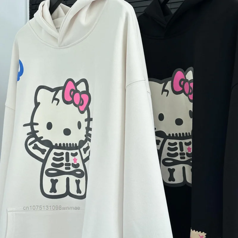 Sanrio Hello Kitty Halloween Skeleton Punk 100% Cotton Hooded Sweater for Men and Women, Plush Thickened Hoodie, Y2k Fashion