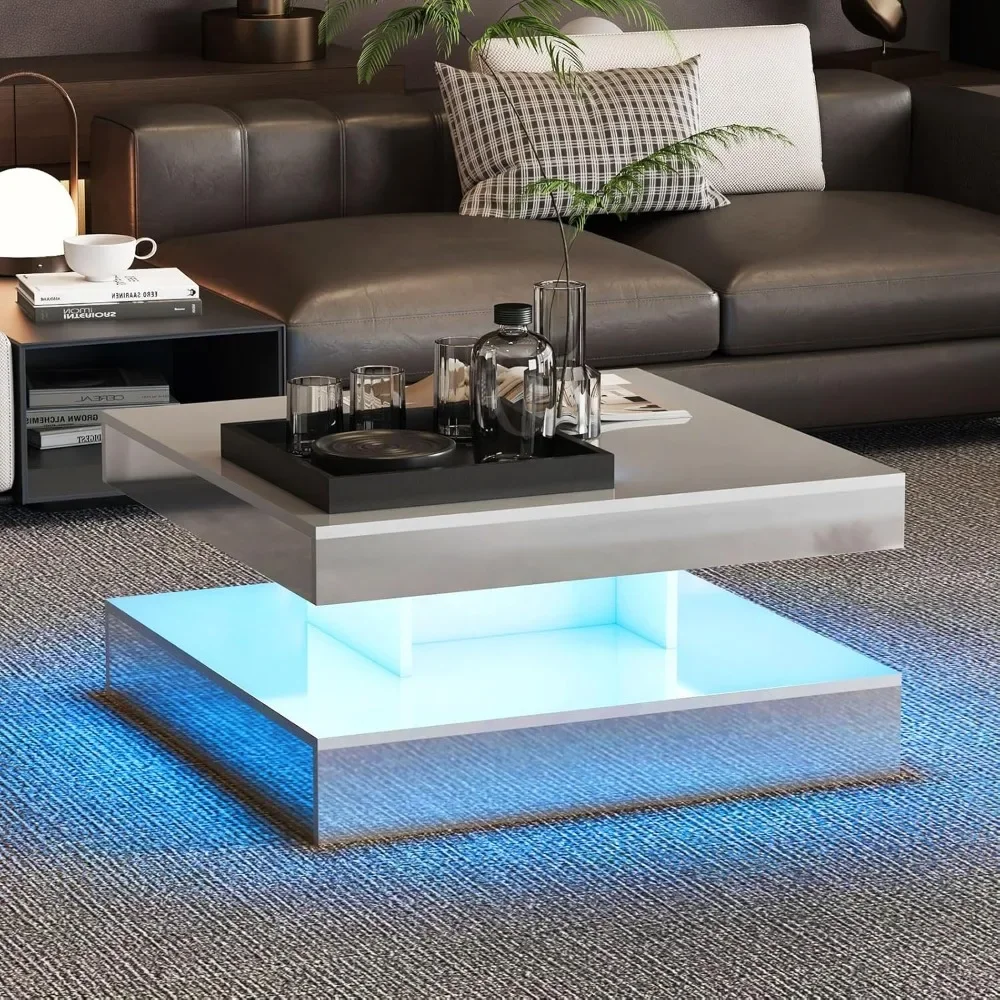 PET Grey LED Coffee Table with Lights for Living Room Modern Mid Century Square Small Center Table with Storage Shelf Mirror Eff