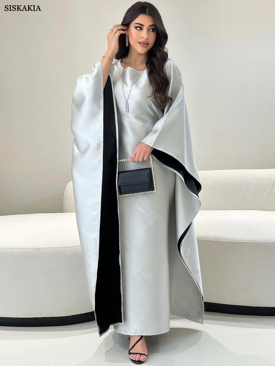 Siskakia Solid Batwing Sleeve Abayas For Muslim Woman O-Neck Elegant Casual Loose Moroccan Dubai Saudi Kaftan Fashion Robe 2024