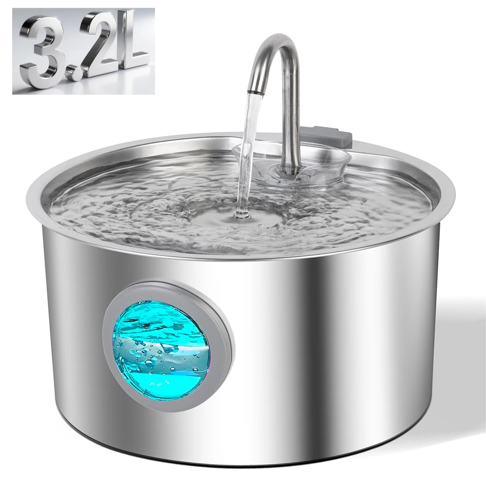 

3.2L Stainless Steel Cat Water Fountain,Pet Water Dispenser With Filter,Dog Drinking Fountain For Cats,Ultra Quiet Water Pump