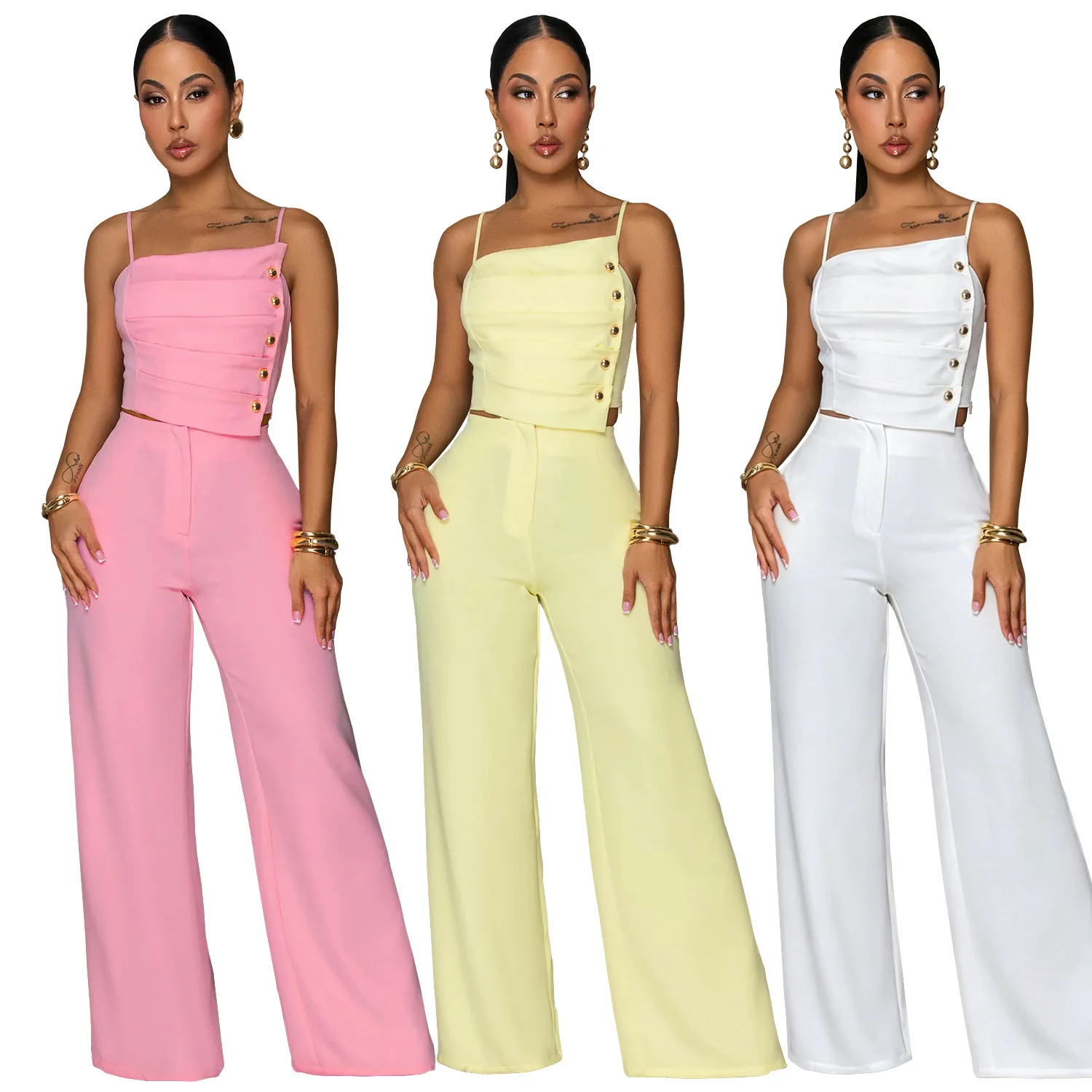 EINY Elegant Spaghetti Straps Side Button Ruched Crop Top & Wide Leg Pants 2 Piece Set Women Office Elegant Matching Outfits y2k