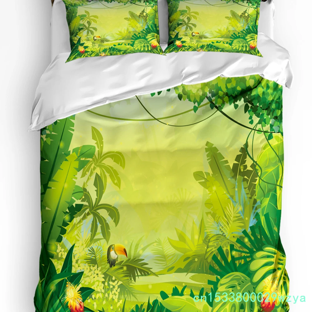Natural Green Forest Bird Flower Cartoon Bedding Set 3pcs Duvet Cover Pillowcase Quilt Cover Double Bed Set Home Textile
