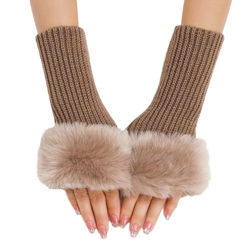 1 Pair Women Winter Warmer Gloves Knitted Warm Dew Finger Arm Cover Fingerless Rabbit Fur Gloves Arm Wrist Gants Stylish Gloves