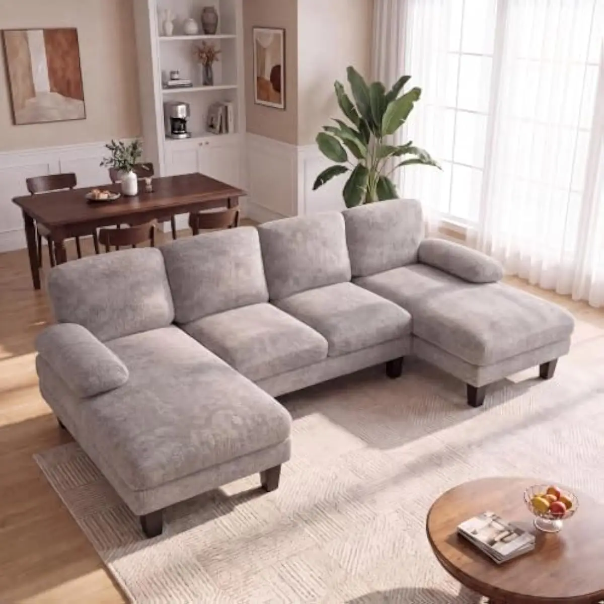 U-shaped sectional sofa measuring 105 inches wide with dual chaise configuration, grey chenille upholstery, 23-inch deep seats,