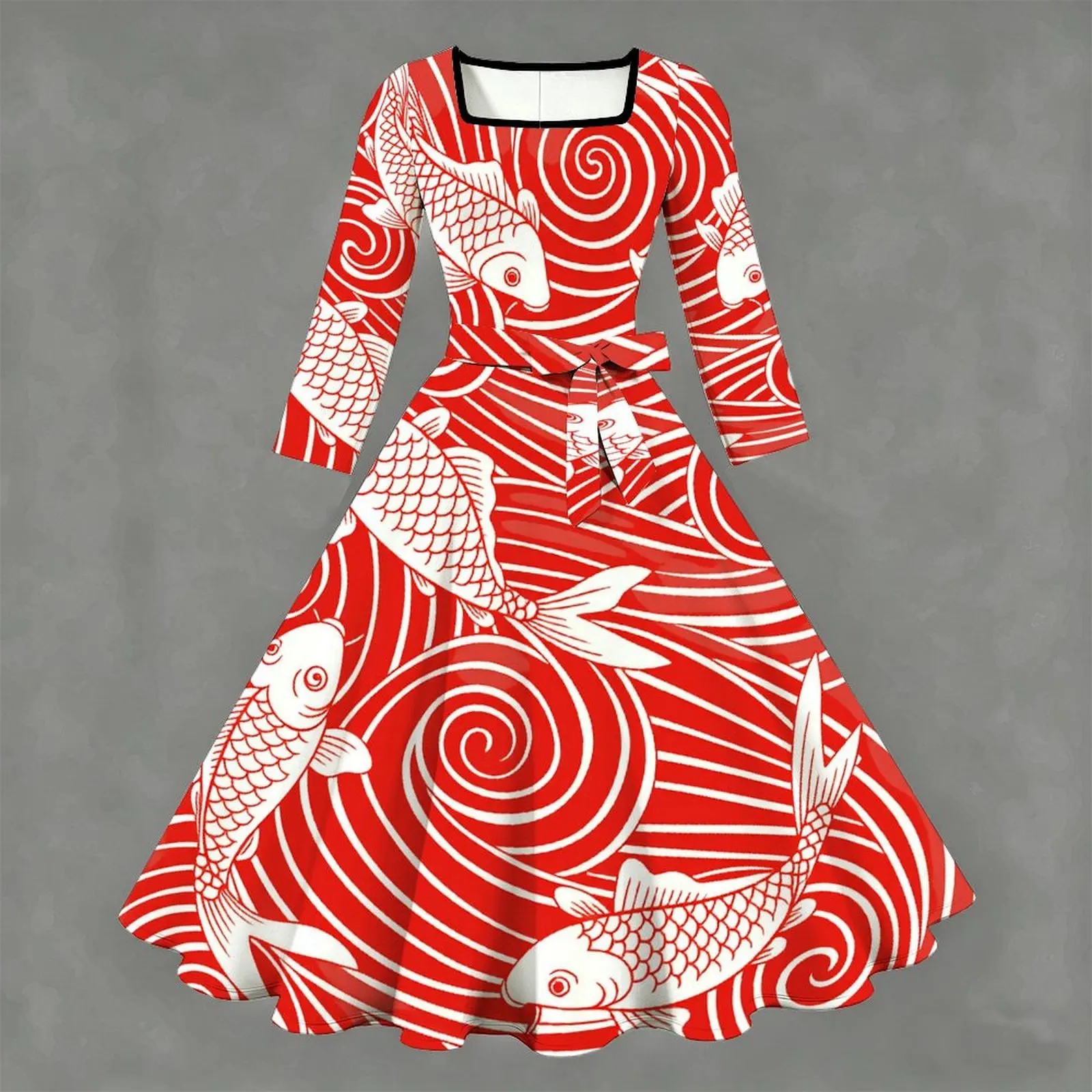 Women's Summer Printed Knee-length Skirt Daily  Casual Short Sleeved Dress Retro Elegantsquare-cut Collar Slim Skirt