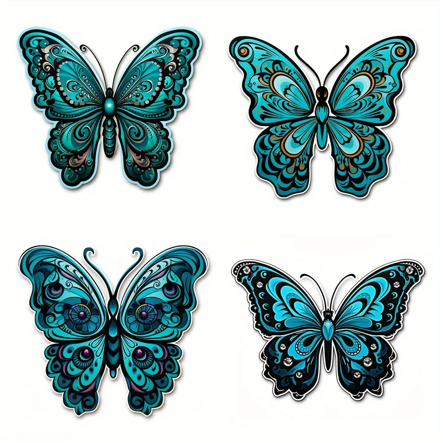 4 Pcs Set Cyan Mandala Butterfly Sticker, Waterproof Vinyl Decals for Car Window, Bumper and Laptop Decoration
