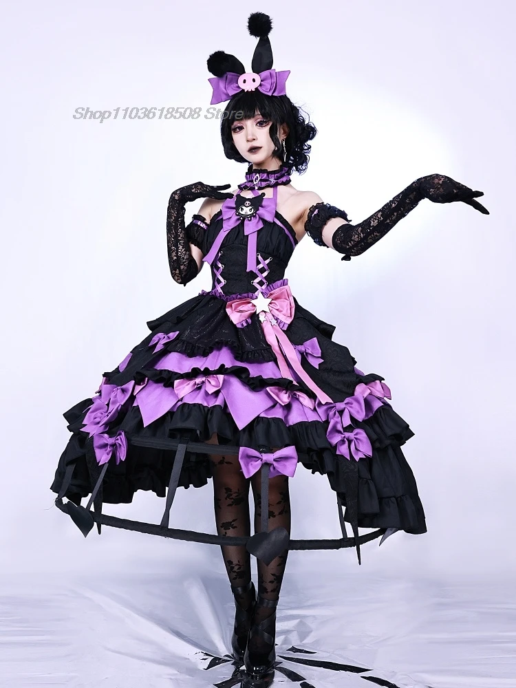 In Stock Bloody Queen Kuromi Cosplay Costume Identity V Black Lolita Gothic Long Dress Full Set Wig Halloween Xmas