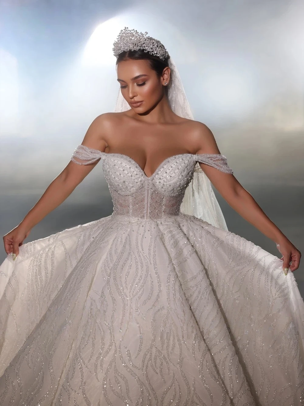 Robe de mariée de luxe en dentelle scintillante, personnalisée, avec perles, ligne A, épaules dénudées, jupes de princesse