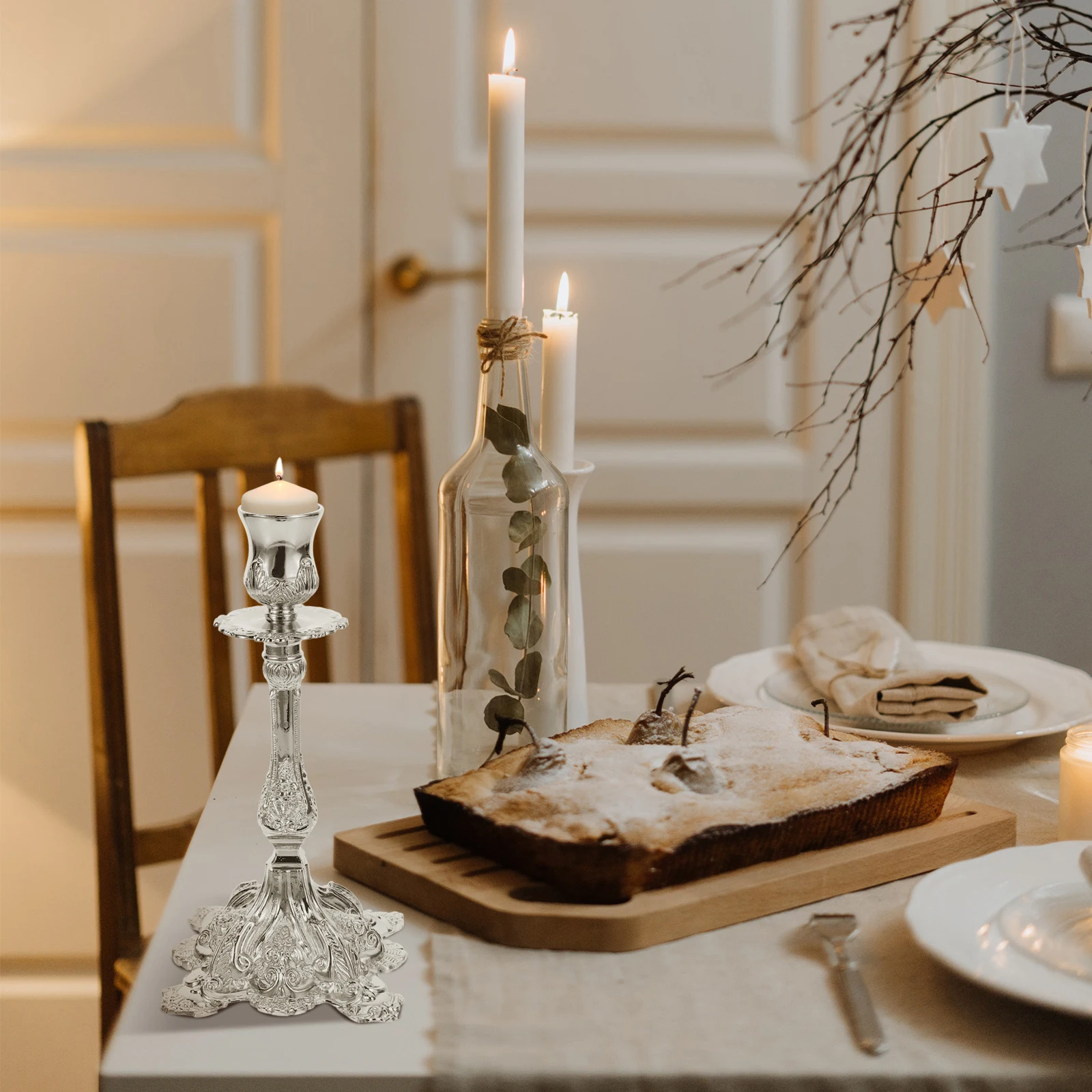 

1, серебряный подсвечник Shabbat, винтажный металлический держатель, декоративная подставка в стиле ретро, объемные украшения для стола для свадебной вечеринки, центральная часть столовой