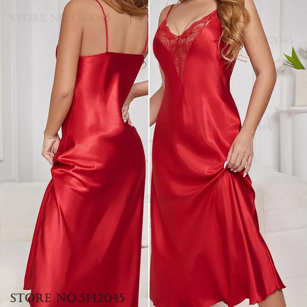 

Long Suspender Nightgown for Women Sexy Deep V-Neck Lace Nightdress Lingerie Summer New Sleepwear Nighty Silk Satin Homewear