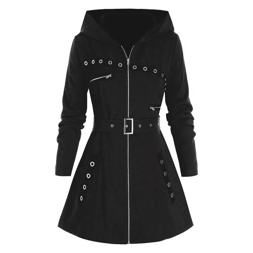 Women Long Hoodies Coat Autumn Long Sleeve Gothic Punk Print Warm Jacket Belt Pocket Female Streetwear Zipper Sweatshirt Jakets