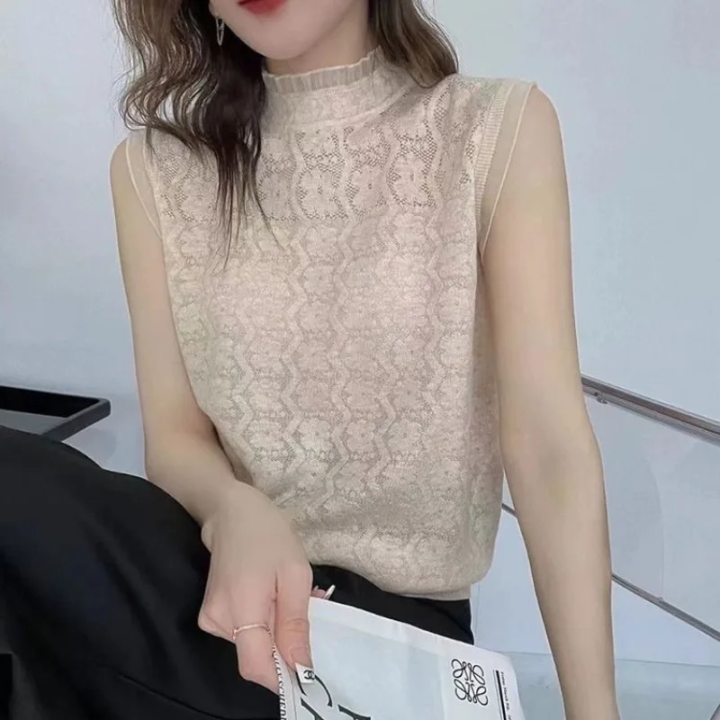 2024 New Versatile Lace Chic Tank for Women Summer Splicing Fashion Turtleneck Solid Color Hollow Thin Knitted Sleeveless Top