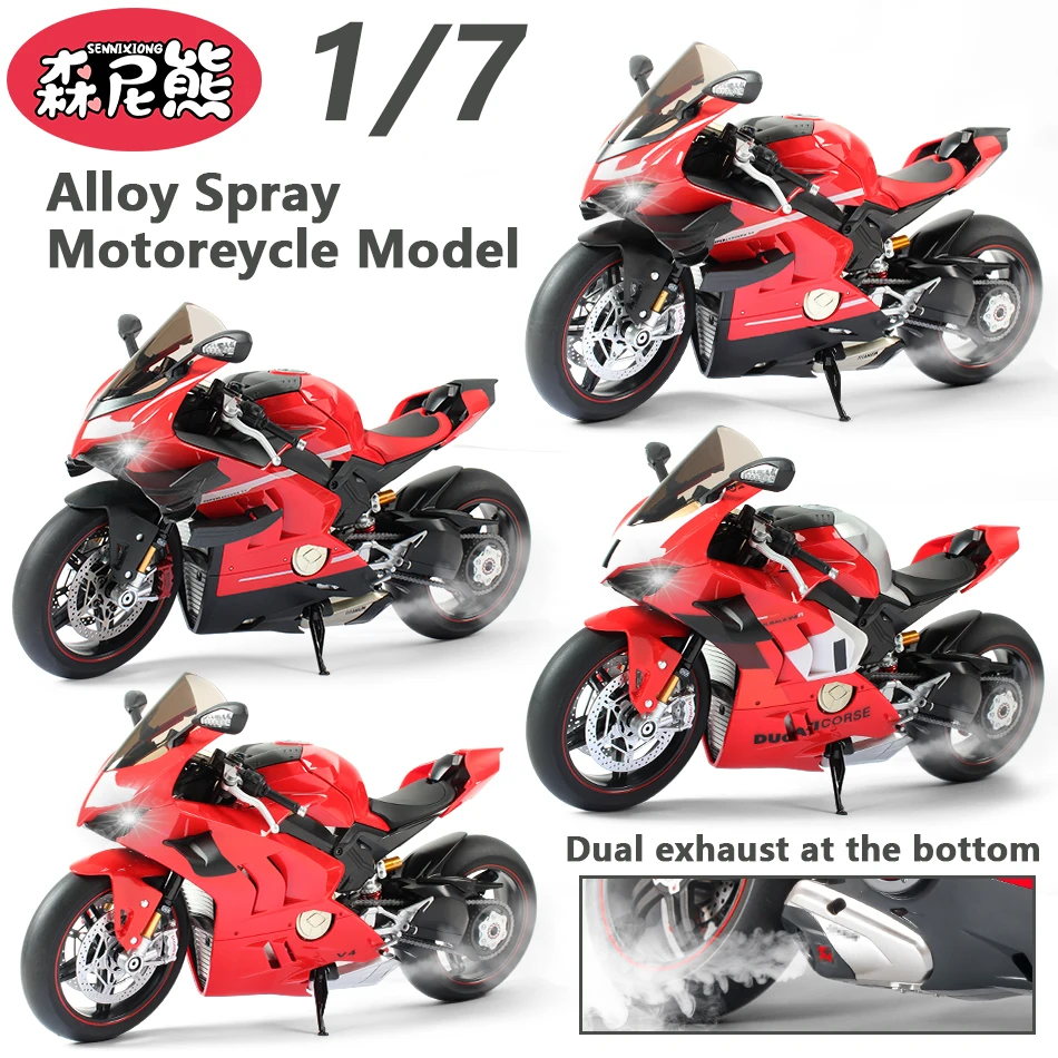 

SENNIXONG 1/7 V4 Alloy Motorcycle Dynamic Model Key Start Racing Dual Spray Sports Motorbike Sound Light Autocycle Toy for Adult