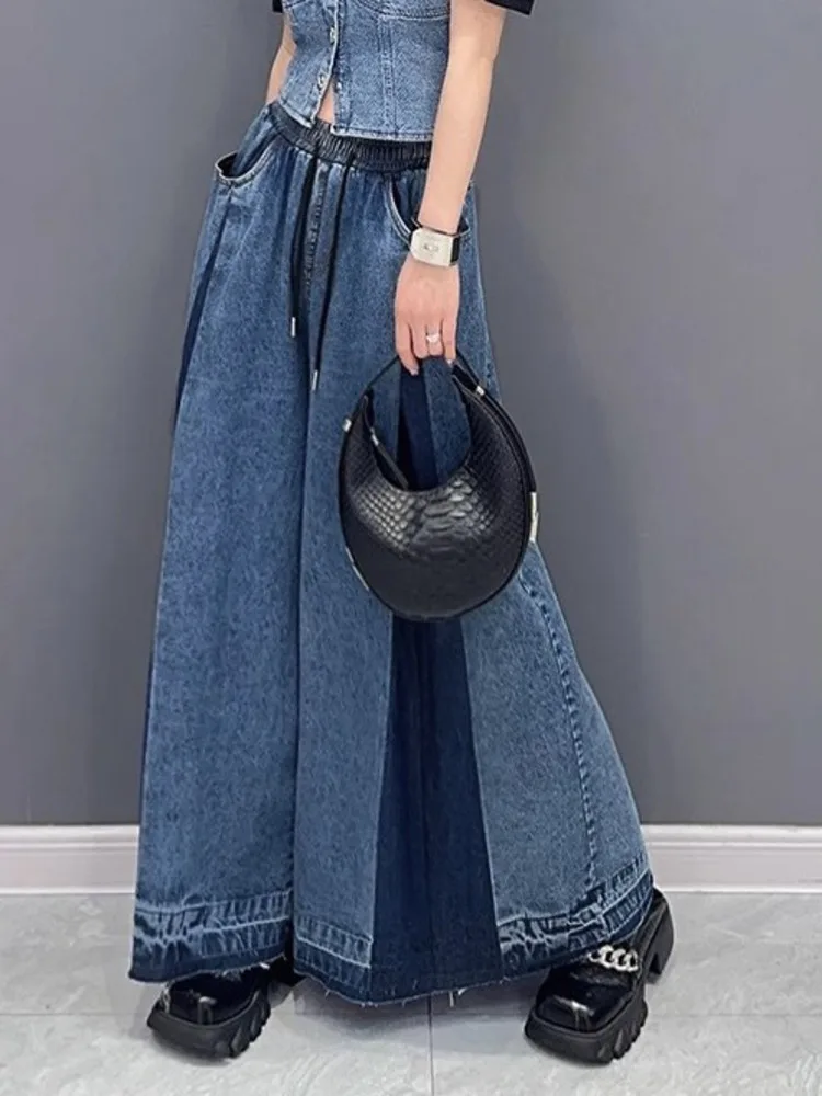 SHENGPALAE Office Lady Rinsing Lace-up Pockets Spliced Loose High Waist Women Denim Wide Leg Pants 2025 Spring New Tide 5ZD1167