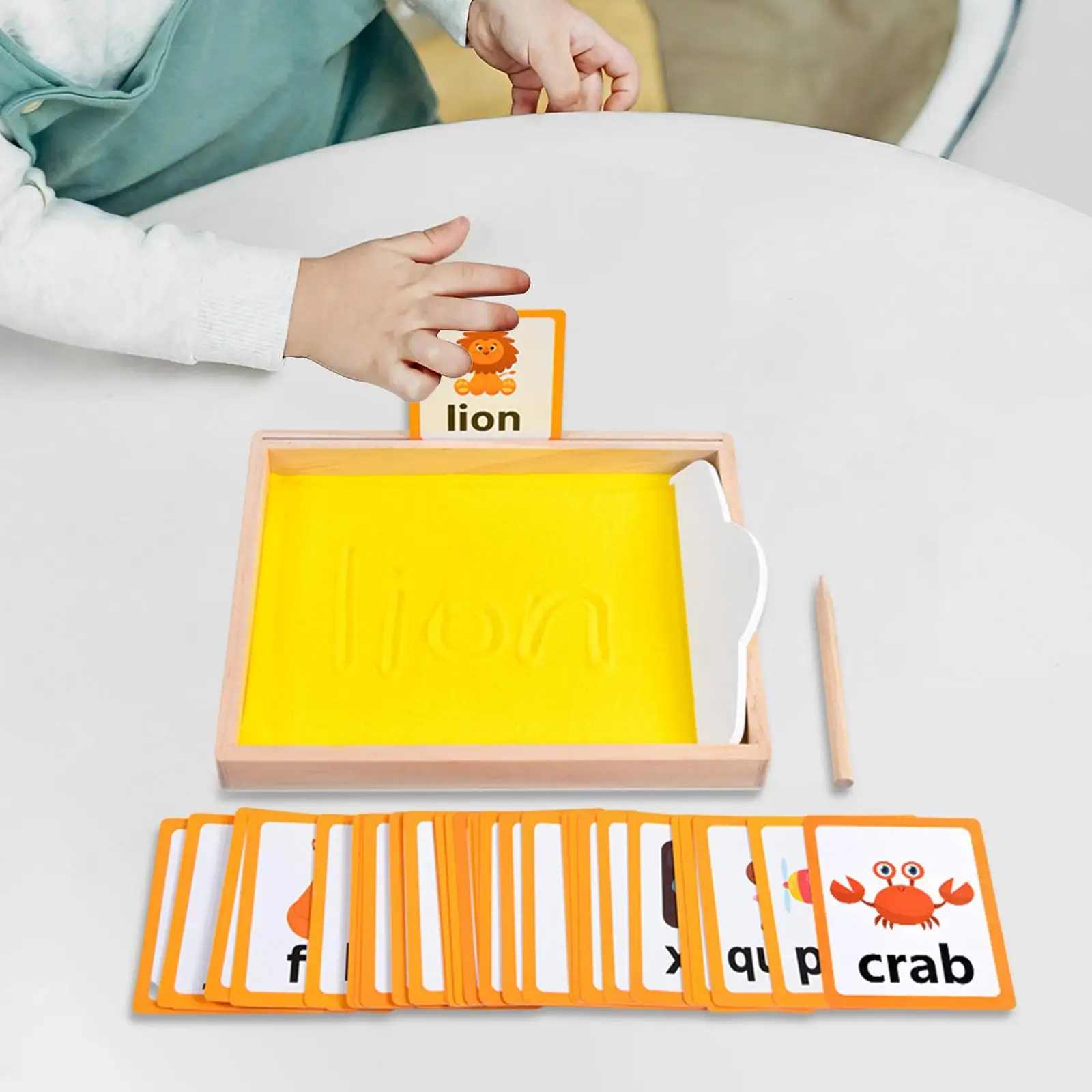 Montessori Sand Tray Gifts for Preschool Kids Wooden Sand Tray for Kids Sand Box Toy with Cards Pen Children and Focus Toy