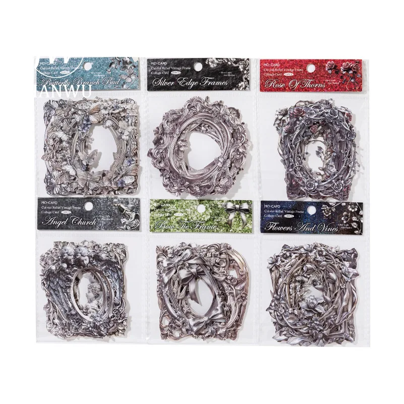 JIANWU-serie de luz y sombra plateada, Material de relieve de borde hueco de flor Vintage, tarjeta de Collage, diario basura creativo, papelería