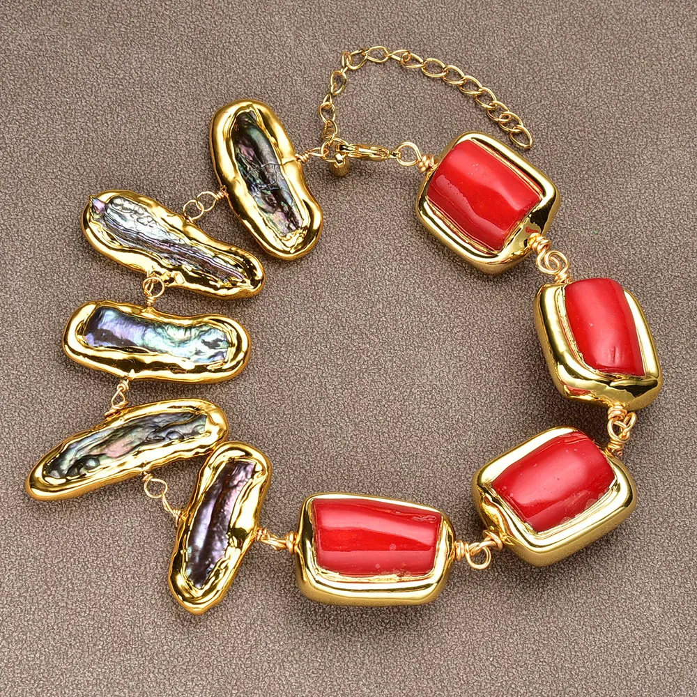 GG Natural Black Biwa Pearl Red Coral With Gold Plated Edge Beaded Bracelet For Women Fashion Jewelry Gift