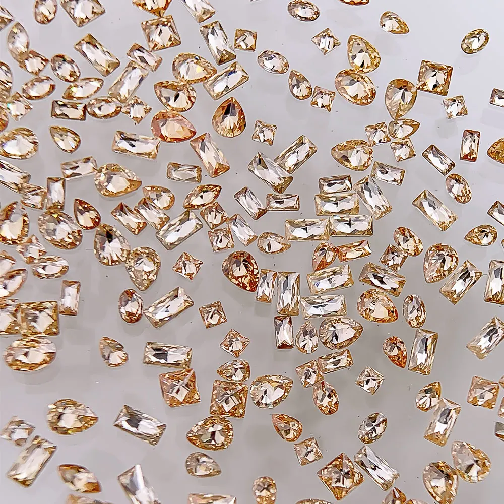 แชมเปญ Mini Flatback Zircon Rhinestones สําหรับเล็บ 5A ประกายชี้ด้านล่างแบนเล็บอัญมณีเจล Cat Eye Nail Art