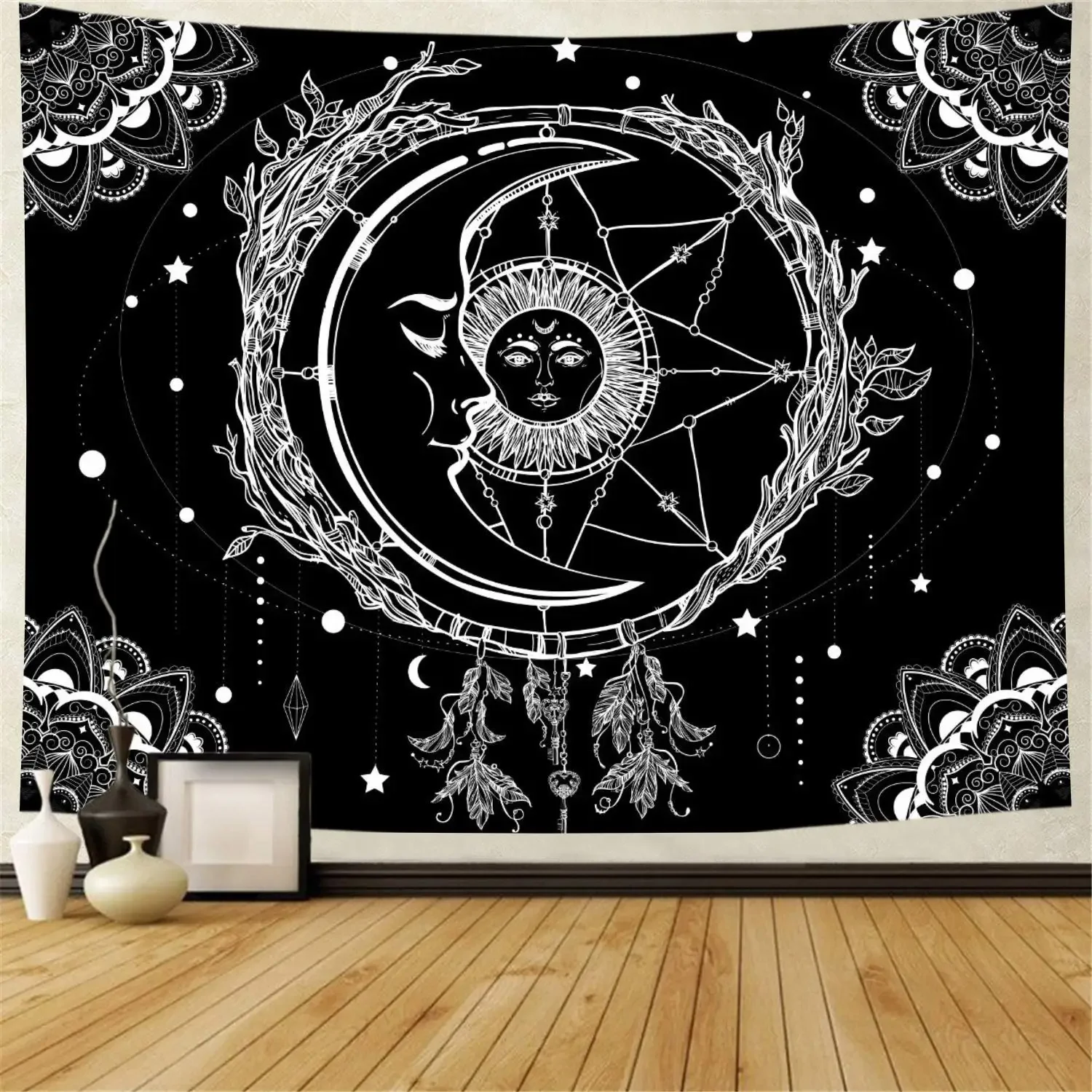 Moon and Sun Psychedelic Bohemian Mandala Wall Tapestry Black and White Indian Hippy Celestial Tapestry