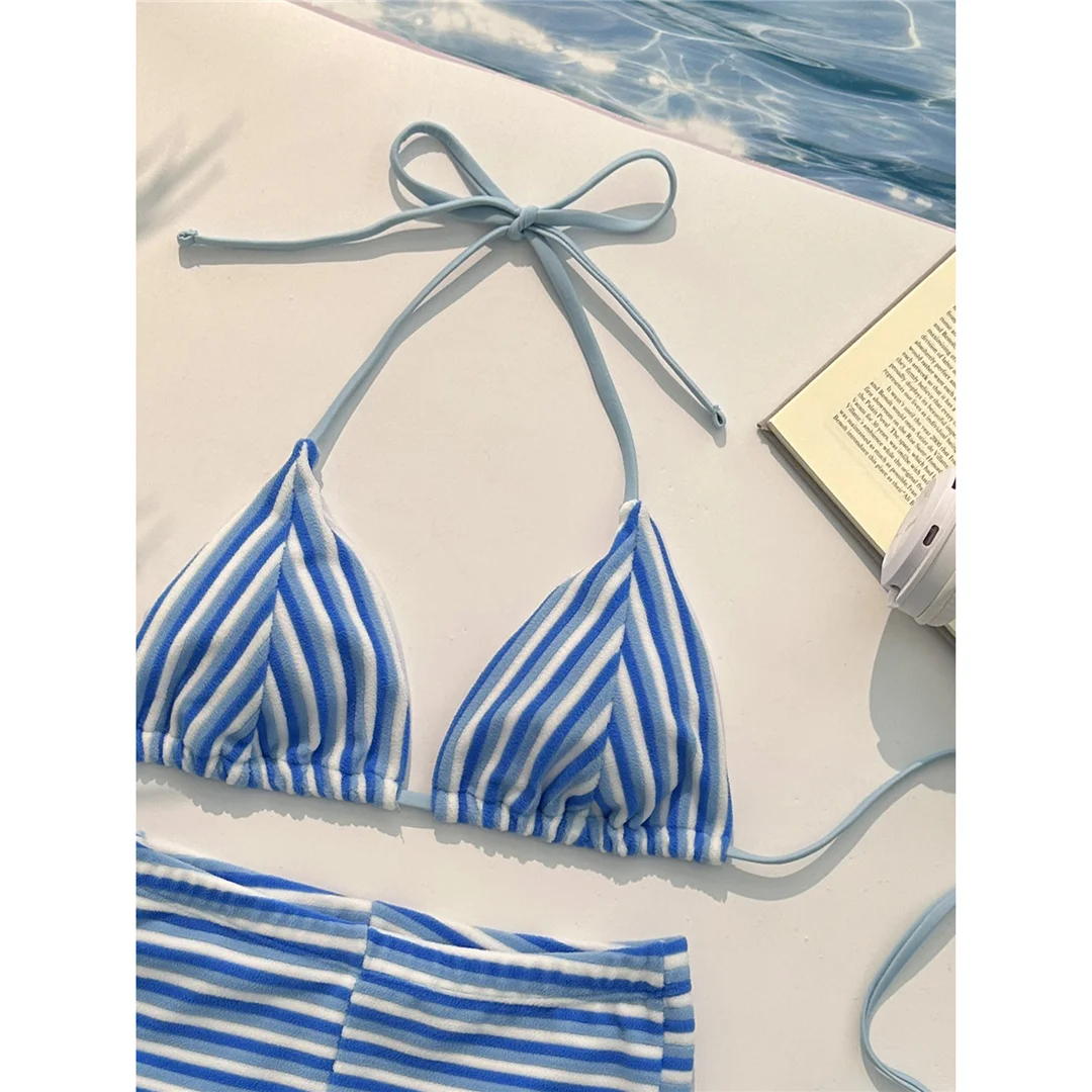 Neuer gestreifter Neckholder-Bikini mit hoher Taille, Damen-Badeanzug, zweiteiliges Bikini-Set mit Shorts, Badebekleidung, Badeanzug, Schwimmanzug V7825 – Detail 27