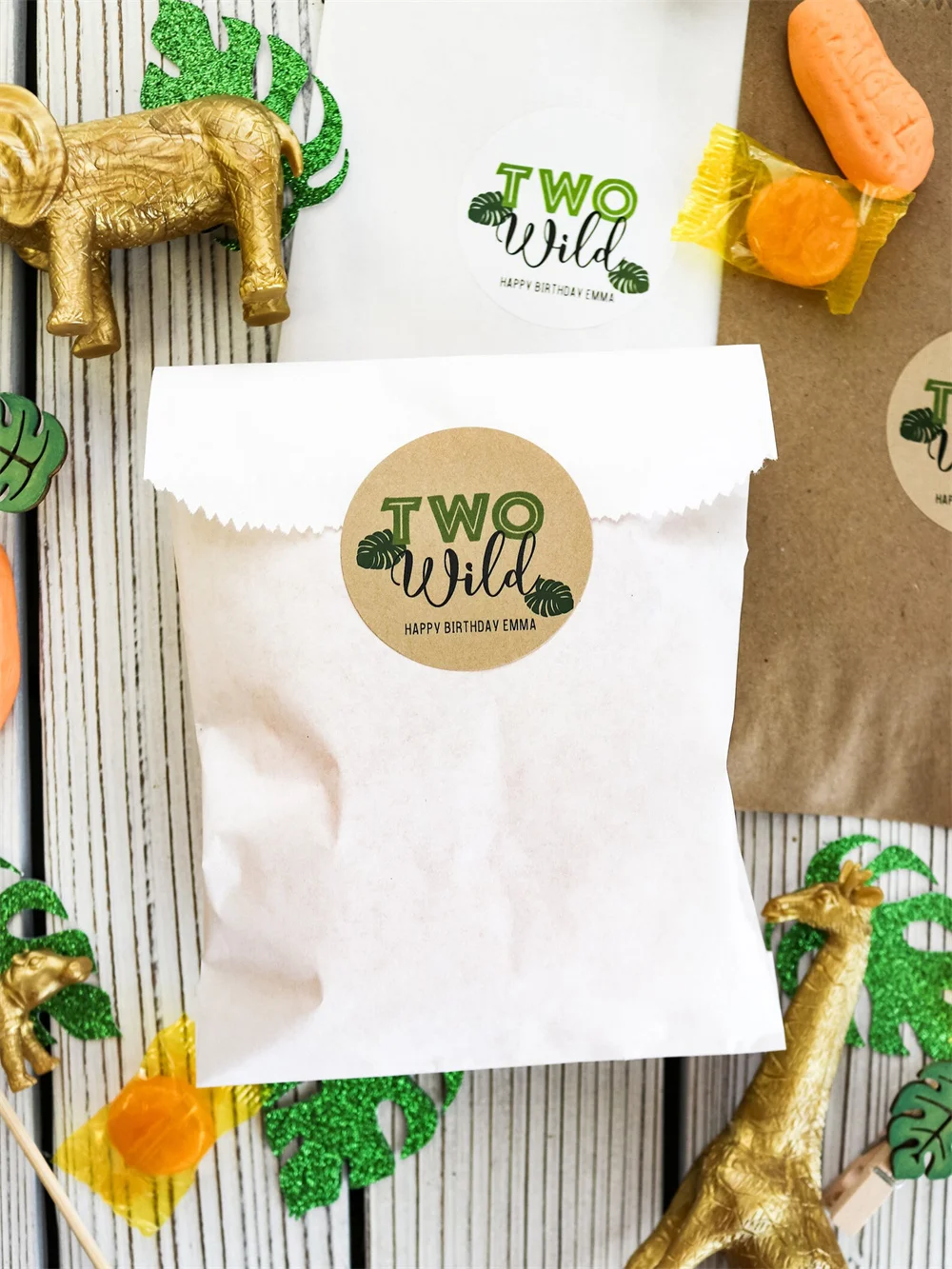 50 Two Wild Second Birthday Stickers and Favor Bags | Jungle Party Favor bags and Stickers customized | Safari Party Favor Bags