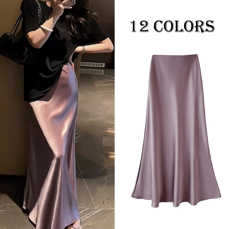 Casual Loose Fishtail Fashion Silk Skirt Woman Elasitc Waist A Line Dress Elegant Basics Minimalism Office Party Chic Vestidos