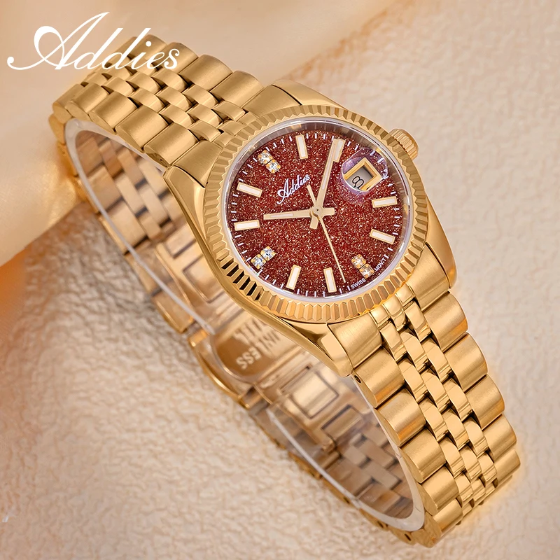 ADDIES Business Watch for Women Super Luminous 50M Waterproof Female Watches Stainless Steel Goldstone Dial Quartz Wristwatch