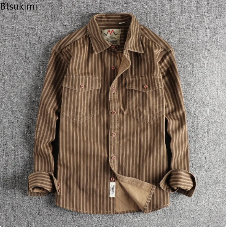 

2025 Spring and Autumn New Fashion Retro Woven Striped Cargo Shirt Men's Comfort 100% Cotton Washed Double Pockets Shirt Jacket