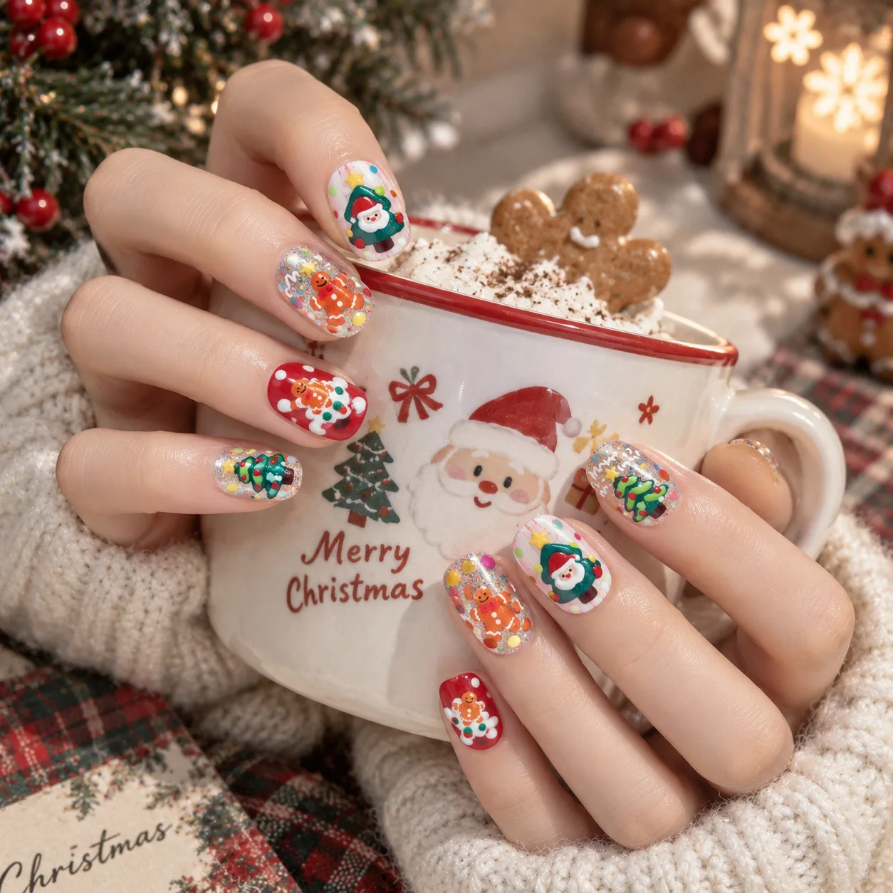 Christmas 5D Nail Art Stickers Cute Cartoon Snowman Santa Elk Apple Gingerbread Man Bell Tiny House Xmas Tree Decals Manicure