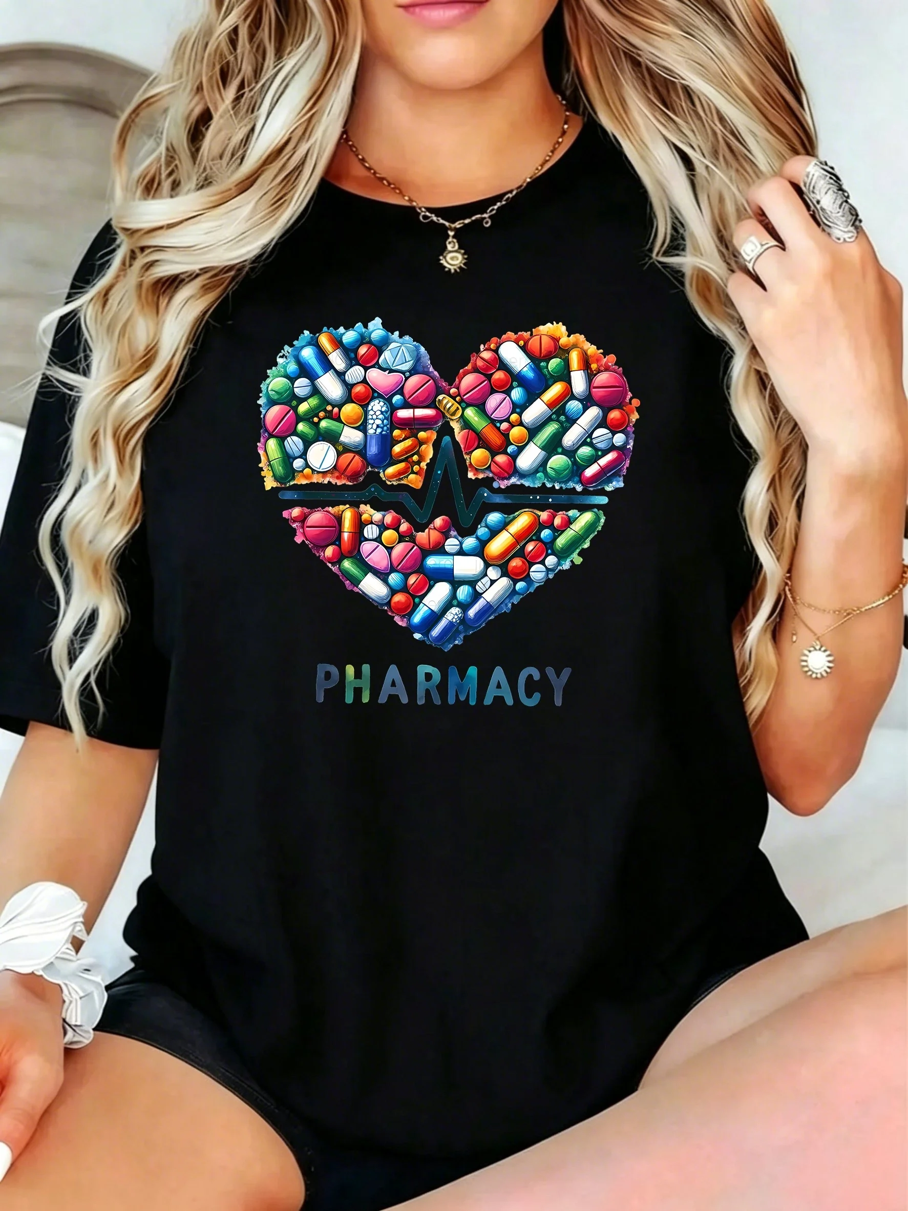 1Pcs Plus Size Women T-Shirt, Heart Shape Made of Colorful Pills and Pharmacy Text Shirt, Loose Type Shirt for Women